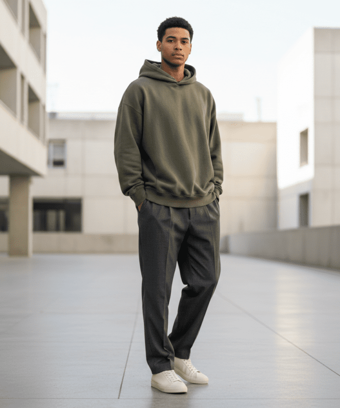 Streetwear fashion trends 2026 structured oversized outfit in neutral tones